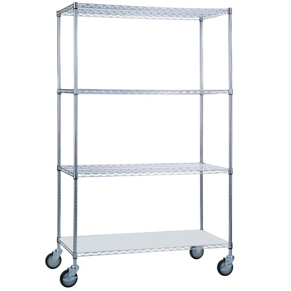R&B Wire Products Heavy Duty Chrome Rolling Wire Shelving Unit with Solid Bottom Shelf, 18x48x78 LC184872SOL